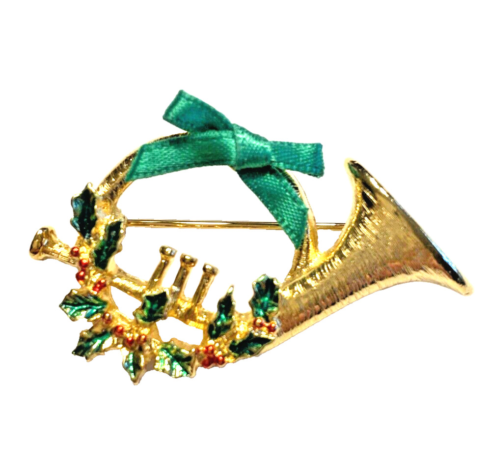 Vintage Christmas Brooch Goldtone French Horn Signed CG USA Festive Holiday Pin